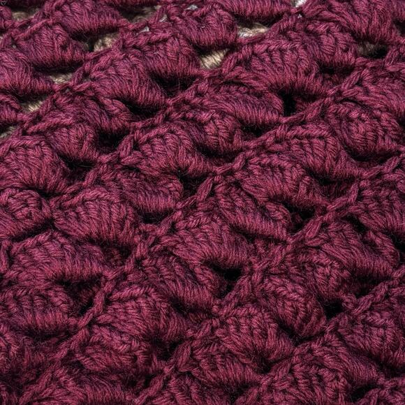 Handmade Crochet Shell Stitch Oval Afghan Throw Burgundy Tan 57x42" Open Weave - Picture 2 of 6